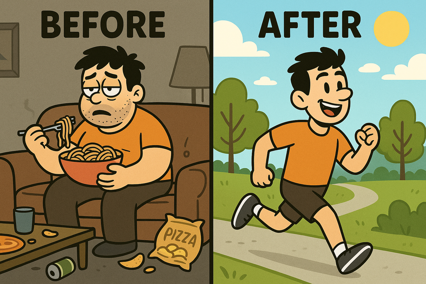 Make it a 2d cartoon and remove the bowl and fork from the guy running